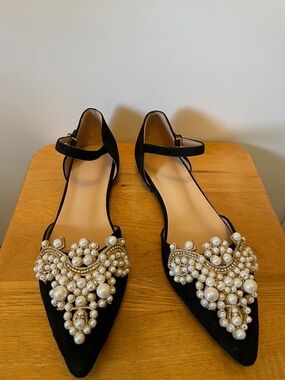 Black Pearl-Embellished Pointed Toe Ankle-Strap Flats
